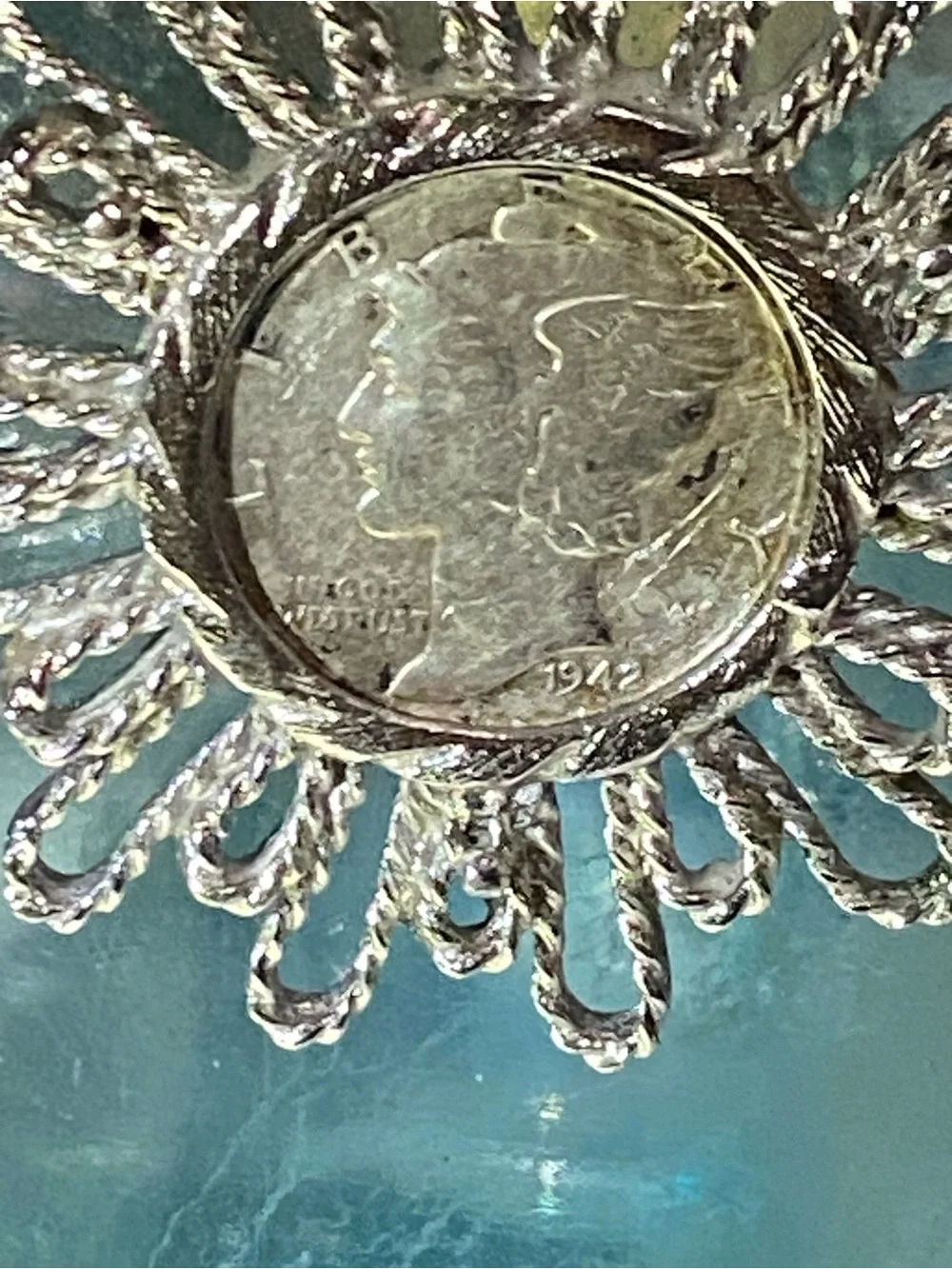 1942 Mercury Silver Dime In Starburst Pendant With Chain